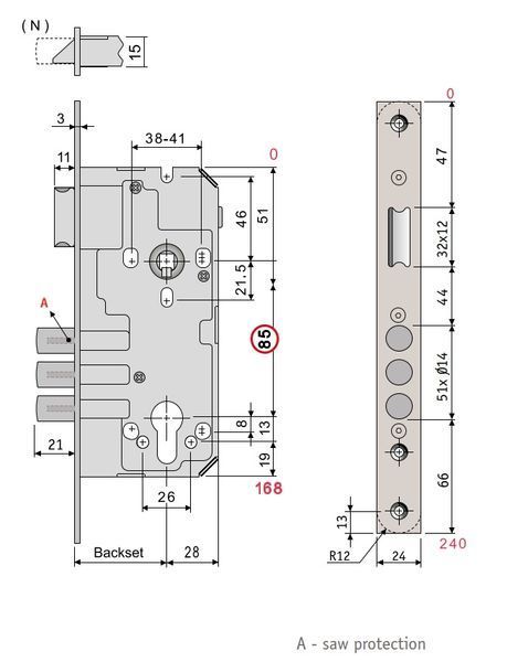 Замок врізний SANTOS 1-WAY DIN 985 SS UNIV BS50мм 85мм SP  SAN-985EQ 50 SS SANTOS фото